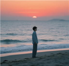 日暮黄昏海边少年剪影图片